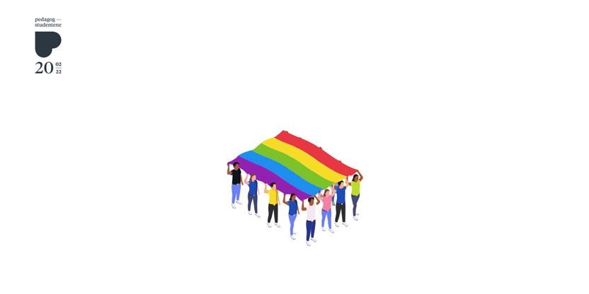 Illustrasjon av mennesker som bærer et stort regnbueflagg. Illustrasjon. 