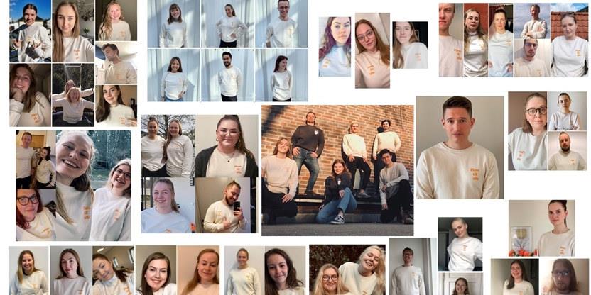 En kollasj av portrettbilder der alle har på seg samme beige genser med teksten "Plass til alle". Foto. 